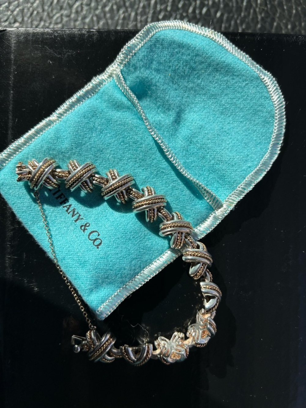 RARE 1990 Tiffany & Co. Schlumberger "Lynn" bracelet silver and gold with pouch